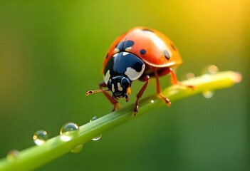 Ladybug walking on a blade of grass with dew drops