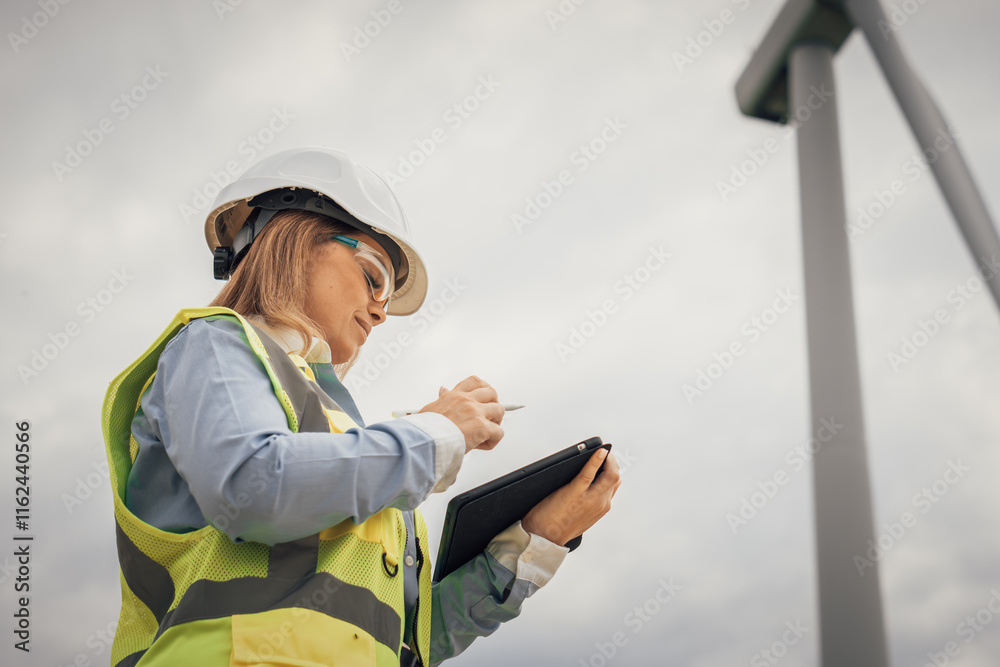 Poster a female engineer is currently inspecting a renewable energy site, using her tablet to monitor vario
