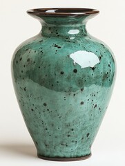A decorative ceramic vase with a glossy turquoise finish and speckled design.