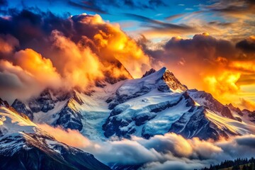 Obraz premium Majestic Snow-Capped Mountain Peaks Piercing Clouds - Breathtaking Landscape Photography