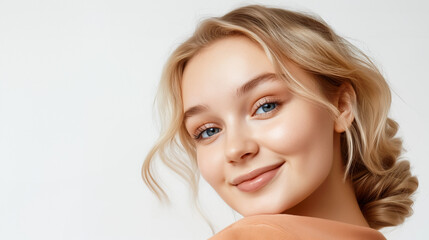 Fototapeta premium Beauty skin. Head of blond woman model with glowing, hydrated facial skin, white background. Facial treatment. Cosmetology, beauty, and spa.