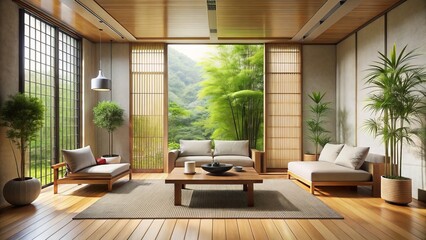 Fototapeta premium Minimalist Japanese Zen Modern Living Room Decor: Calm Space Silhouette Photography