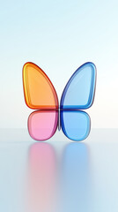 A transparent butterfly-shaped design features vibrant colors and symmetry, reflecting light on a smooth surface.