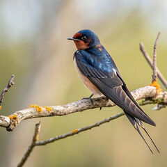 Beautiful barn swallow perched on branch in natural setting.