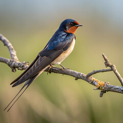 Naklejka premium Barn swallow perched on a branch in natural habitat.