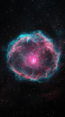 Obraz premium Vibrant nebula in deep space, glowing in pink and teal hues, surrounded by stars and cosmic patterns.