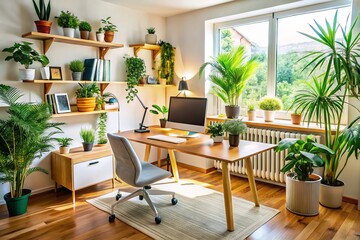 Fototapeta premium Modern Home Office Workspace: Wooden Desk, Plants, Bright & Organized