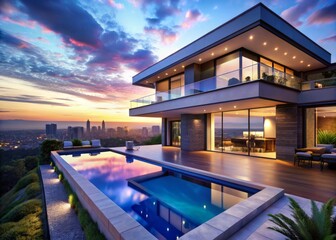 Fototapeta premium Modern House Dusk Poolside Luxury Night View