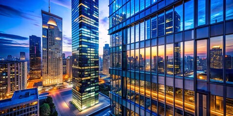 Fototapeta premium Modern Skyscraper Reflecting City Skyline at Night - Glass Building, Blue Sky