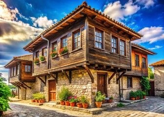 Fototapeta premium Nesebar Bulgaria: Authentic Wooden Facade & Stone Ground Floor of Historic House