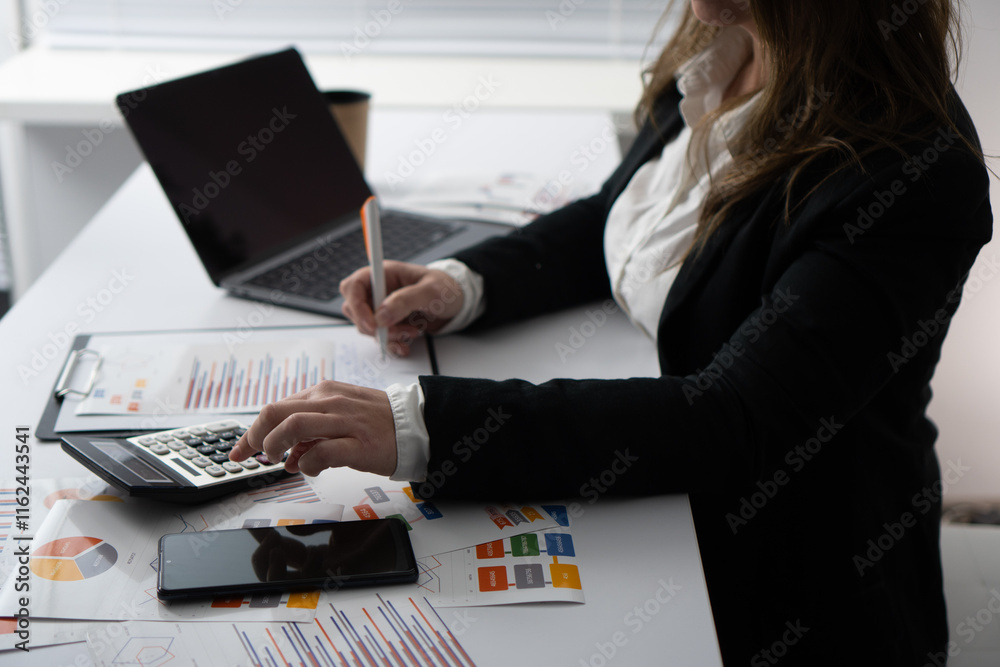 Poster a skilled business professional analyzes data sets and financial reports from an organized desk, usi