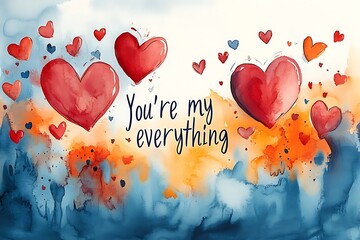 Romantic watercolor painting with hearts and a love message
