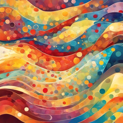 Abstract artwork featuring fluid waves of vibrant colors and circles, evoking movement and energy. The composition uses contrasting hues and layered textures to create a dynamic visual experience