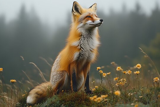A majestic red fox sits attentively amidst a field of wildflowers