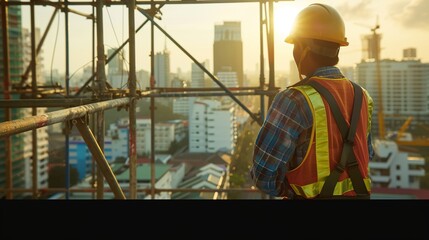 Construction worker wearing hard hat and safety vest standing on scaffolding, representing safety and labor in urban development and building projects.