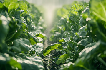 Fototapeta premium Efficient Drip Irrigation System Hydrating Neatly Aligned Vegetable Garden Rows