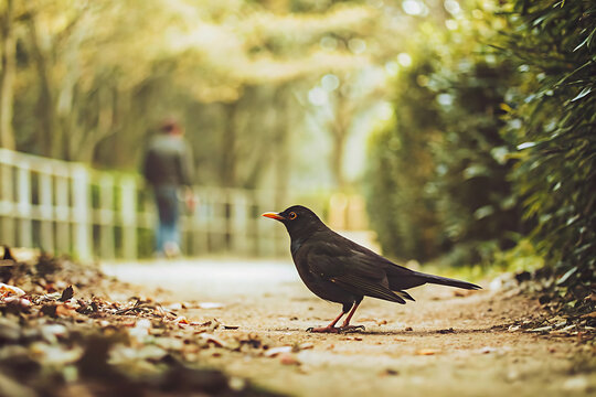 Blackbird on pathway with blurred background in nature setting. - Powered by Adobe