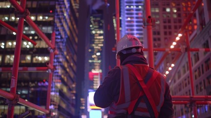 Obraz premium Construction worker wearing hard hat and safety vest standing on scaffolding, representing safety and labor in urban development and building projects.