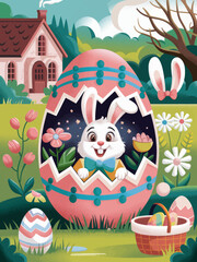 Fototapeta premium Cute Easter Bunny Peeking from a Giant Easter Egg