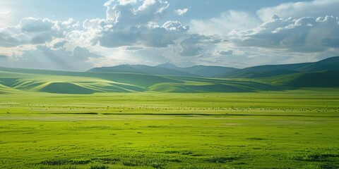 Obraz premium green field sky blue clouds