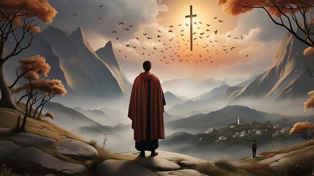 person in the mountains with divine cross in sky