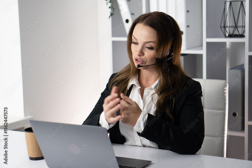Poster A dedicated and professional woman who is deeply engaged in virtual communication via various platforms to enhance her career and effectively collaborate with colleagues and clients remotely
