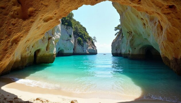 Breathtaking hidden beach view through rocky cave with turquoise water