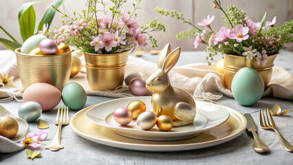 Elegant Easter brunch still life featuring golden bunny, colorful eggs, and delicate floral arrangements. Perfect for spring celebrations and festive gatherings