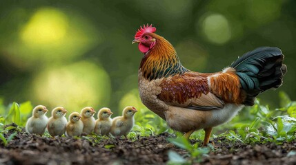 Fototapeta premium Hen with chicks in a natural setting.