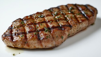 Professional food macro shot, herb-crusted grilled poultry, seared diagonal lines, tender meat texture, neutral white surface, sharp detail, dramatic side lighting