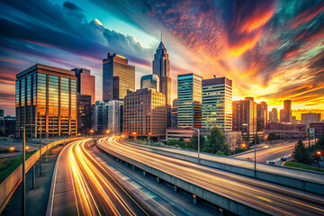 Fototapeta premium Stunning cityscape panorama at sunset, showcasing vibrant colors and energetic traffic trails. perfect blend of modern architecture and natural beauty