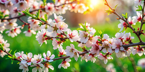 Obraz premium Delicate cherry blossoms bloom on branches, their white petals contrasting against vibrant green grass. Sunlight filters through, creating a serene spring atmosphere