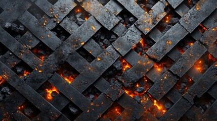 artistically arranged metal grating over hot coals, geometric pattern of parallel steel bars, scattered charcoal pieces with glowing embers, monochromatic with orange accents