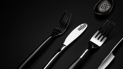 Naklejka premium Modern BBQ implements collection, industrial design aesthetic, polished steel utensils, matte black background, dramatic side lighting, commercial photography style, metallic reflections, precise