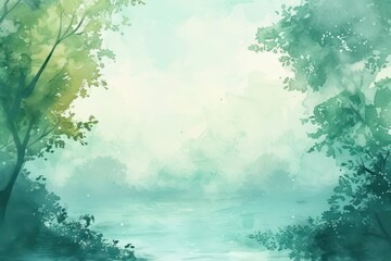 Watercolor Painting of a Misty Forest Landscape with a Lake