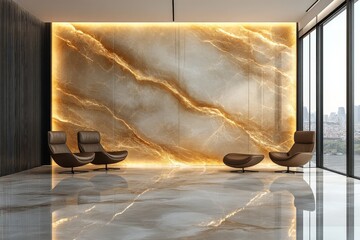 Modern interior featuring elegant seating and a striking illuminated marble wall.
