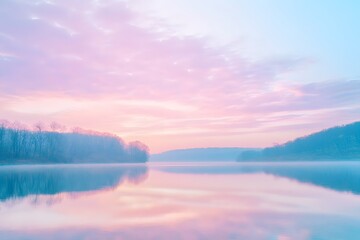 Obraz premium Peaceful Dawn: Serene Lake, Misty Sky, Colorful Sunrise