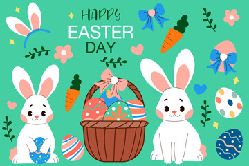 Set of cute happy easter stickers with bunny, eggs and basket. Flat vector illustrations.