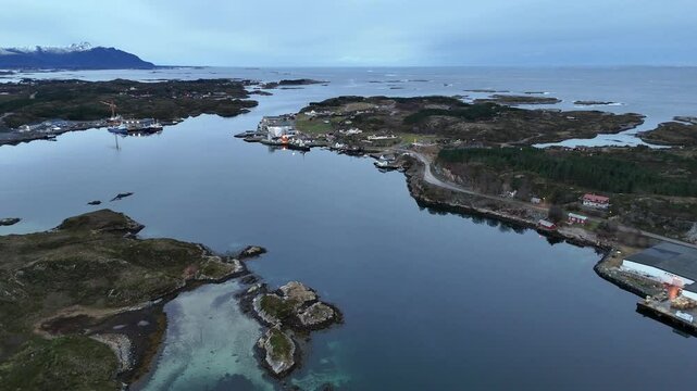 Aerial footage of the Langoeysundet strait during daytime in Averoy Municipality, Norway