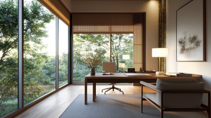 Modern office interior with large windows showcasing greenery and stylish decor, creating a serene work environment.