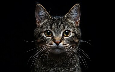 Close-up portrait of a tabby cat against a black background, showing its intense gaze and whiskers.