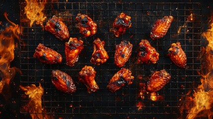 Aerial shot of spicy buffalo wings on wire grid, rich amber coating, perfectly charred edges, glossy sauce drips, dramatic moody lighting, professional culinary photography, dark textured backdrop