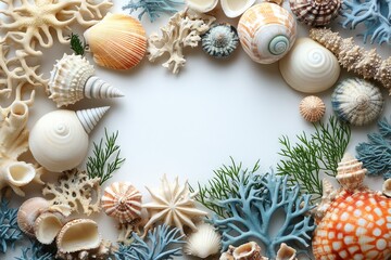 Obraz premium A decorative arrangement of seashells and coral framing a blank space for design purposes.