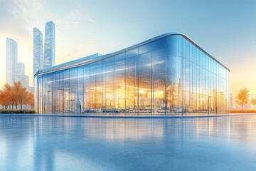 Obraz premium Modern glass building reflecting sunlight in a urban setting with skyscrapers.