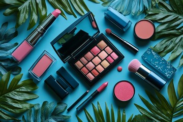 A vibrant makeup collection arranged among tropical leaves on a blue background.