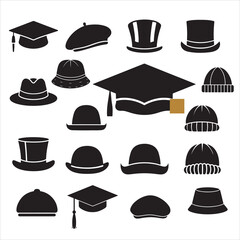 set of vector graduation hat with diploma, Education cap, Graduation student black cap with academic degree certificate silhouettes