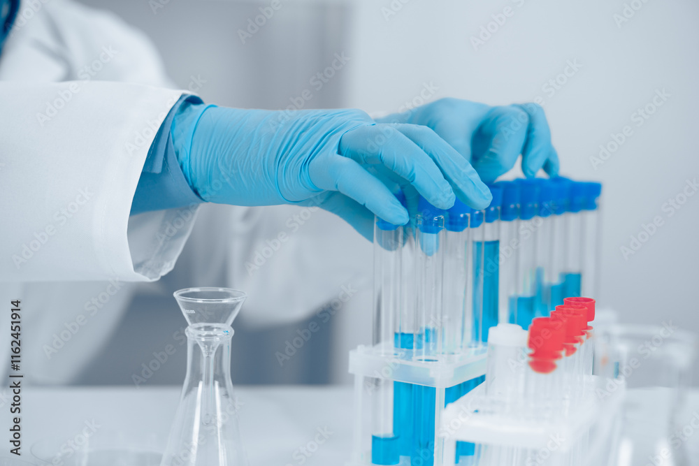 Aufkleber A dedicated scientist is meticulously conducting a fascinating experiment using various test tubes in a wellequipped laboratory setting, exploring the depths of scientific inquiry and innovation