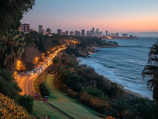 Coastal Cityscape Sunset Skyline Road Ocean