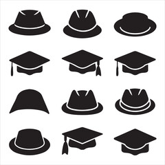 set of vector graduation hat with diploma, Education cap, Graduation student black cap with academic degree certificate silhouettes