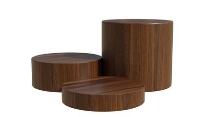 Podium stands isolated on white transparent, empty wooden product display set 